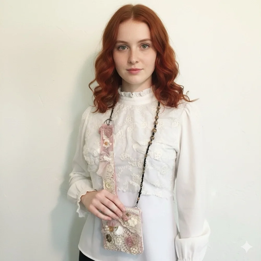 Shabby Chic Lace Button Mini Crossbody Bag Handmade - Picture 4 of 10